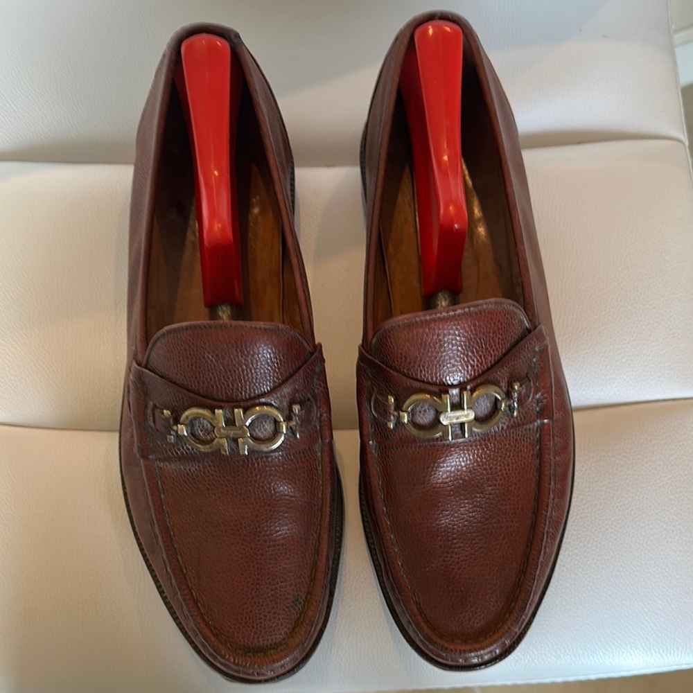 Salvatore Ferragamo Brown Leather Loafers with Metal Hardware